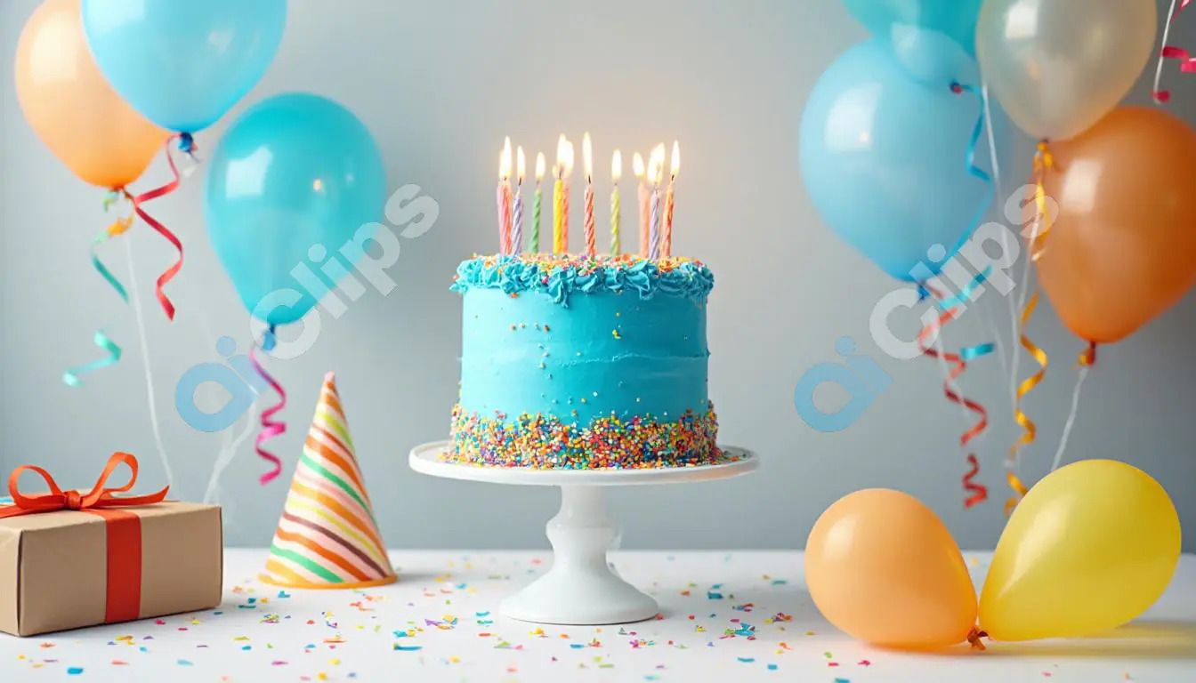 Colorful Birthday Celebration with Cake, Balloons, and Gift