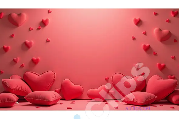 Heart Cushions and Floating Hearts on Soft Pink Background