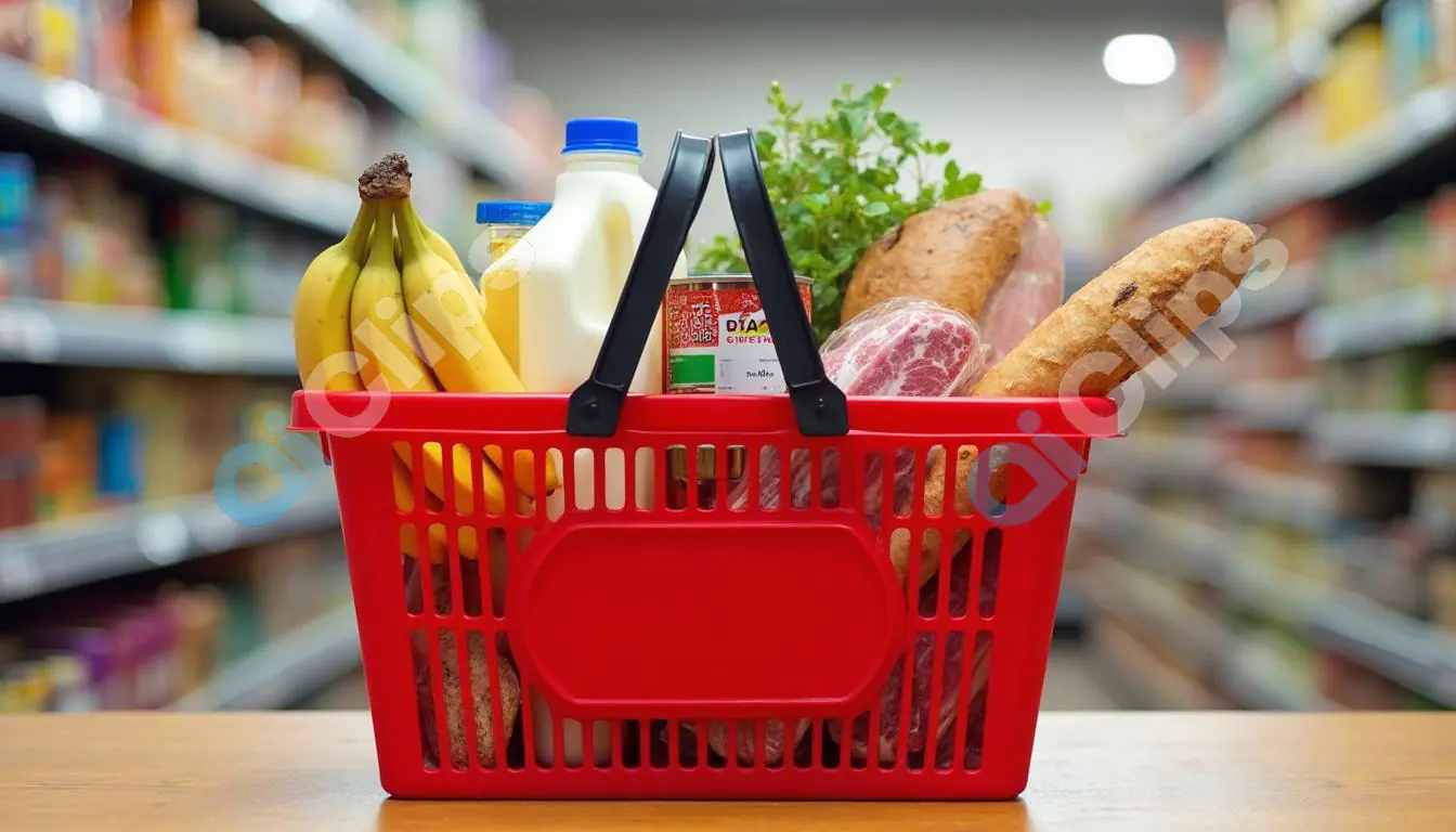 Grocery Basket Filled with Fresh Produce and Essentials