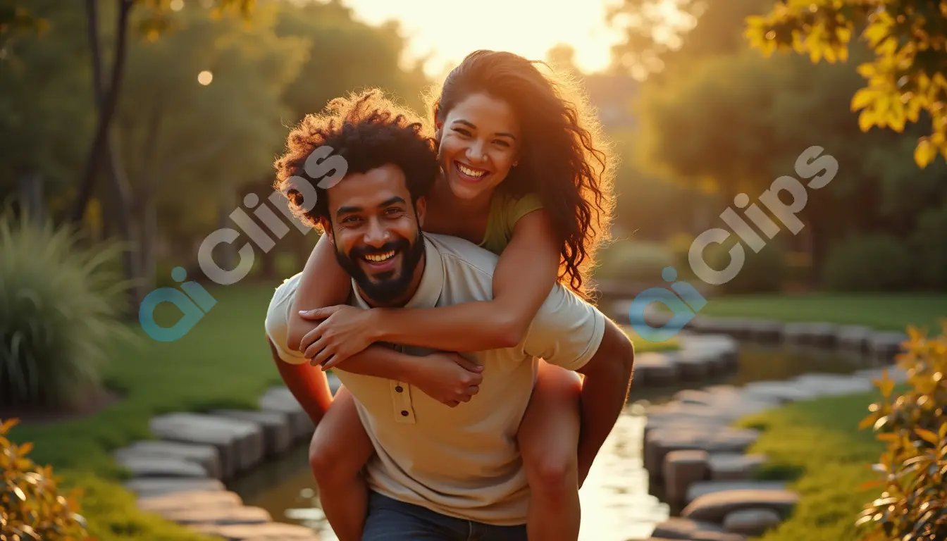 Joyful Couple Enjoying a Piggyback Ride in a Sunlit Park