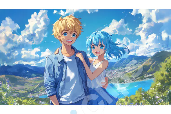 Anime Couple with Scenic Mountain View