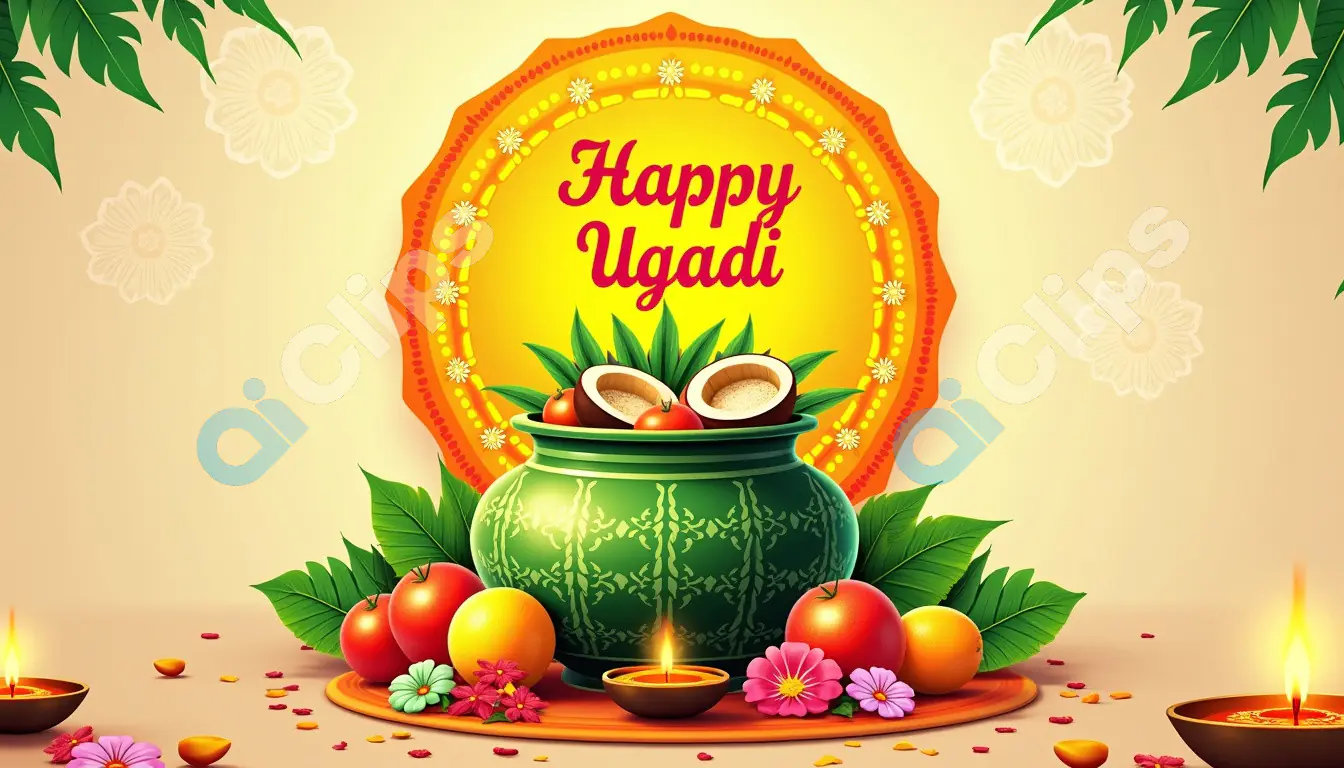 Ugadi Festival Greetings with Traditional Kalash and Fruits