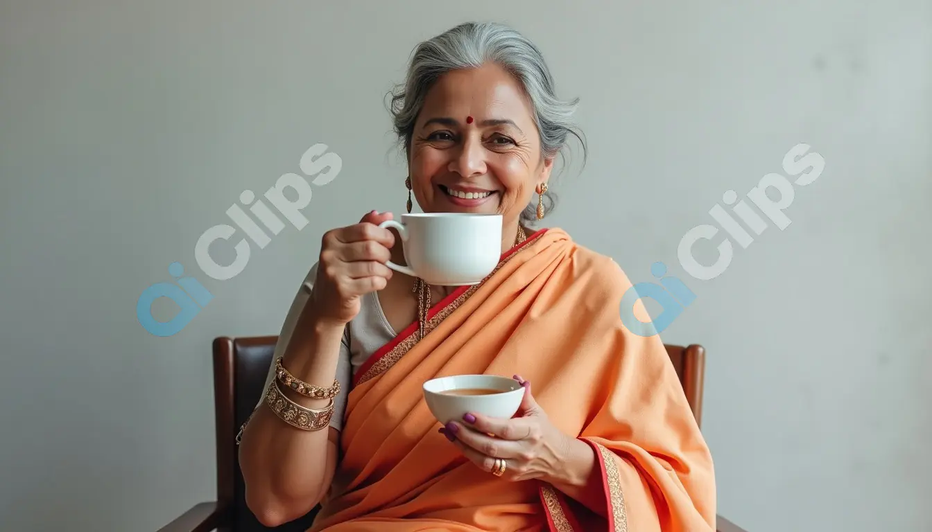 Smiling Elderly Indian Woman in Traditional Saree Enjoying Tea