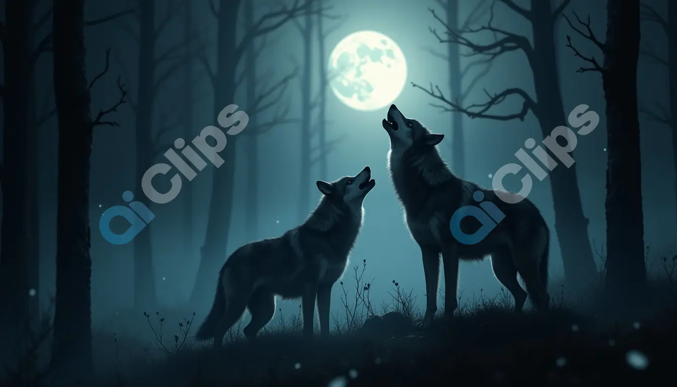 Wolves Howling at the Full Moon in a Mysterious Forest