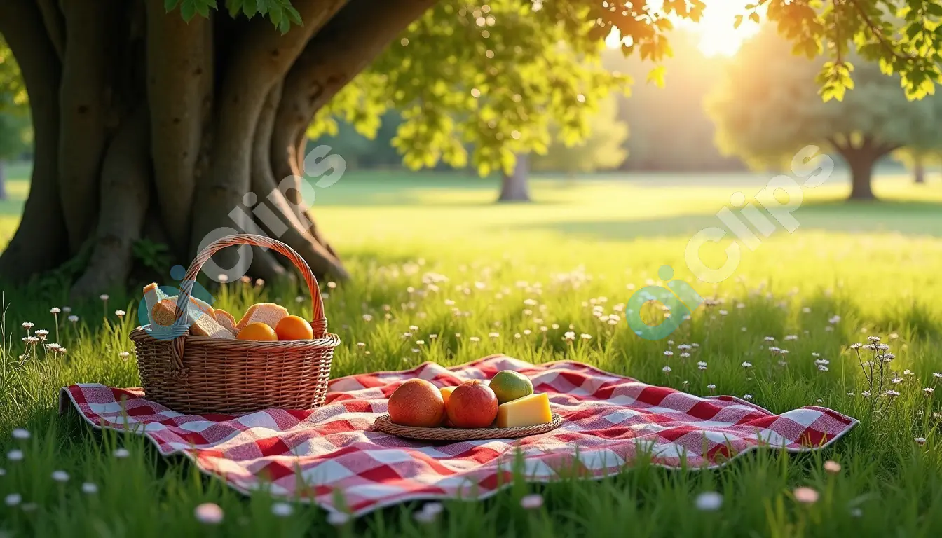 Sunlit Picnic Scene with Basket and Fruits - Peaceful Outdoor Setting
