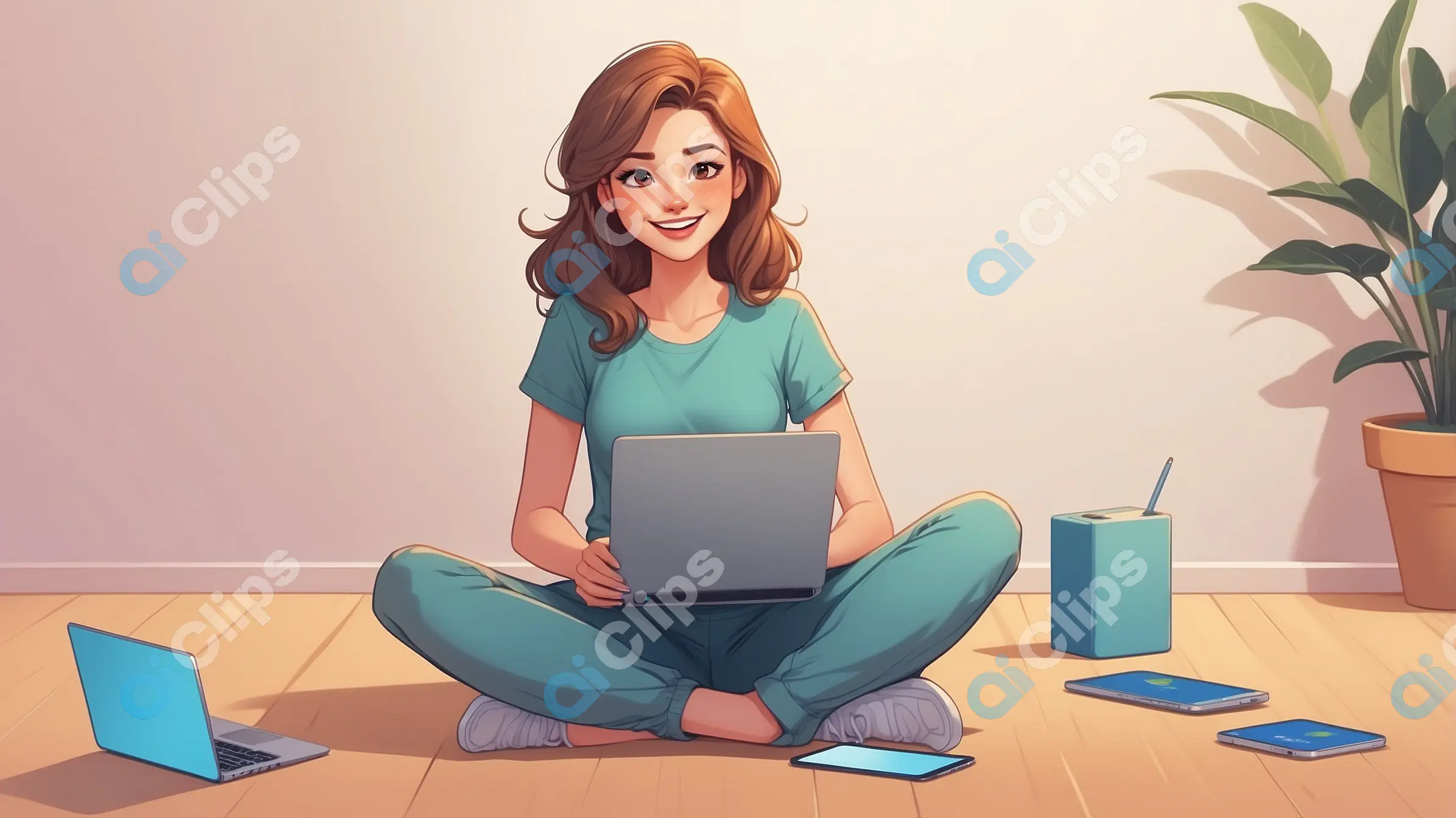 Smiling Woman Cartoon Character Working on Laptop in Cozy Home