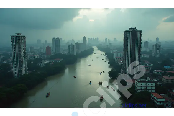 Misty River View of an Urban Cityscape