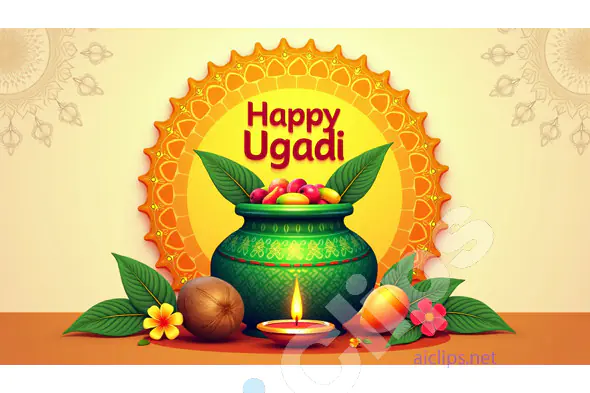 Ugadi Festival Greeting with Traditional Kalash and Fruits