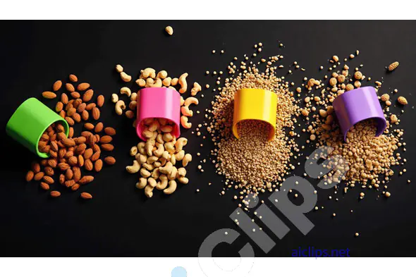 Colorful Cups Spilling Nuts and Seeds on Dark Background