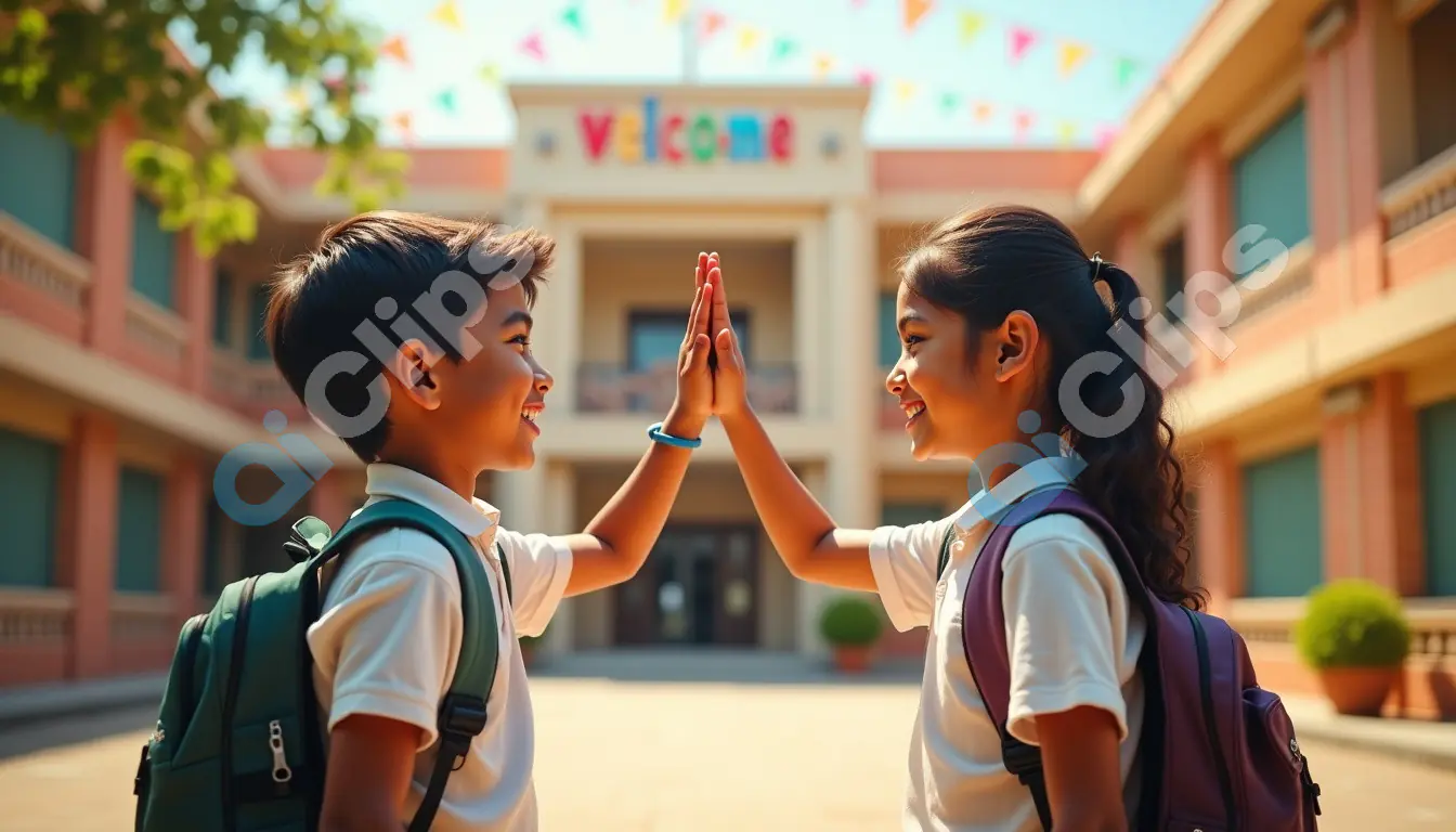 Happy School Kids High-Fiving at School Entrance
