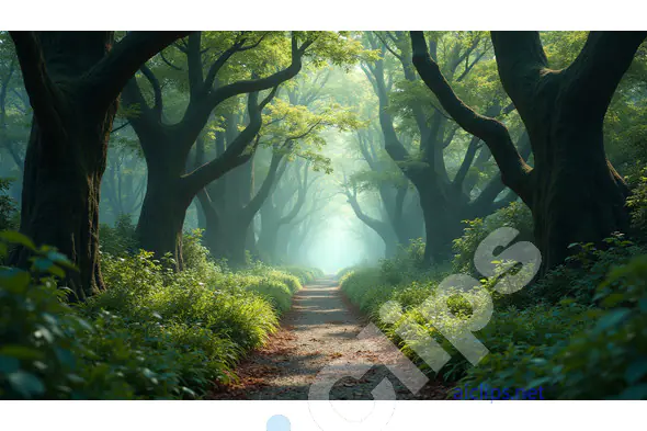 Enchanted Forest Path with Sunlight Filtering Through Trees