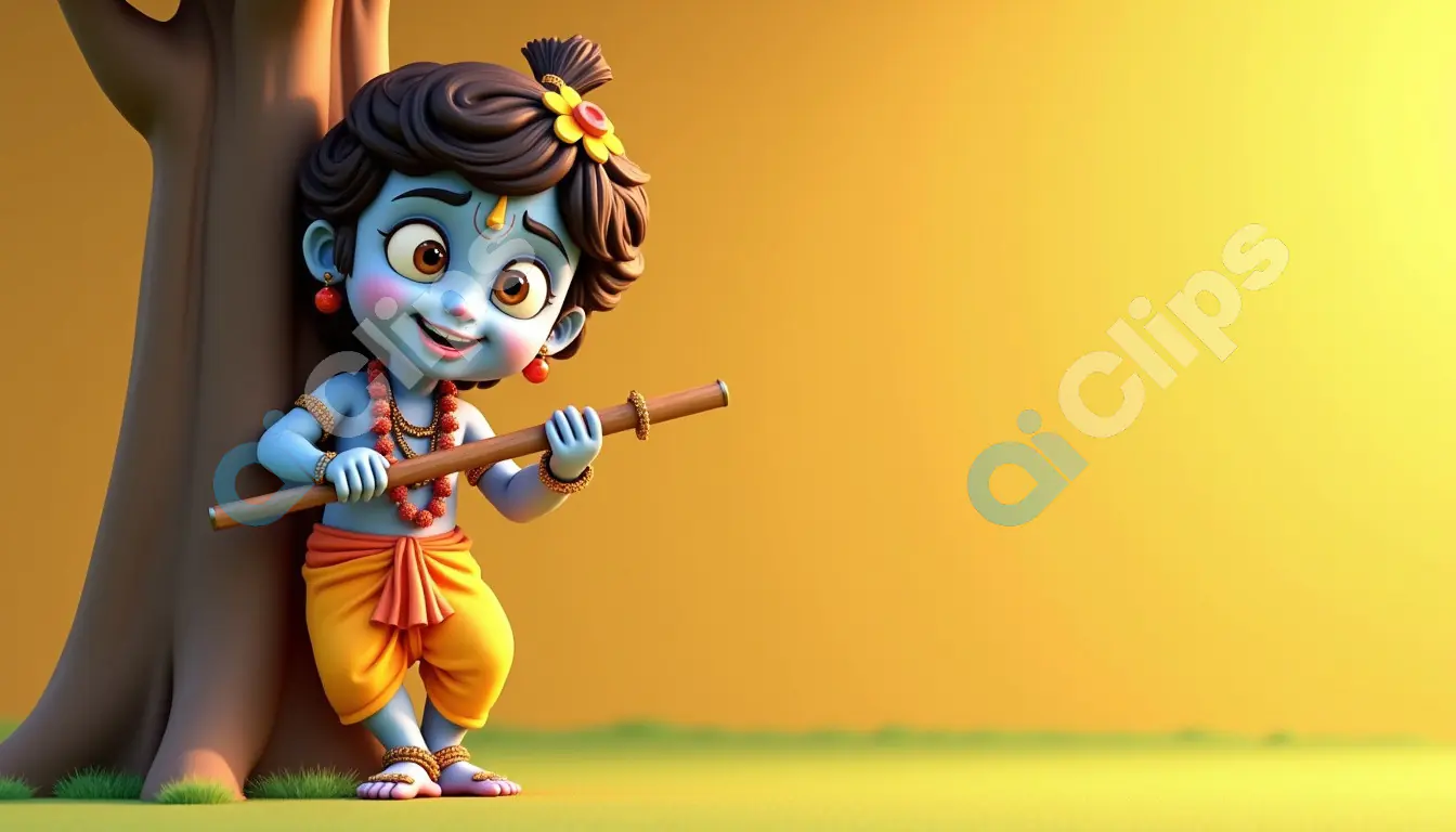 Playful Baby Krishna with Flute on Yellow Background