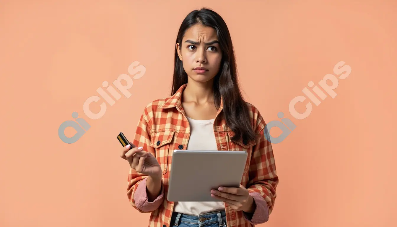 Confused Woman Holding Credit Card and Tablet on Peach Background
