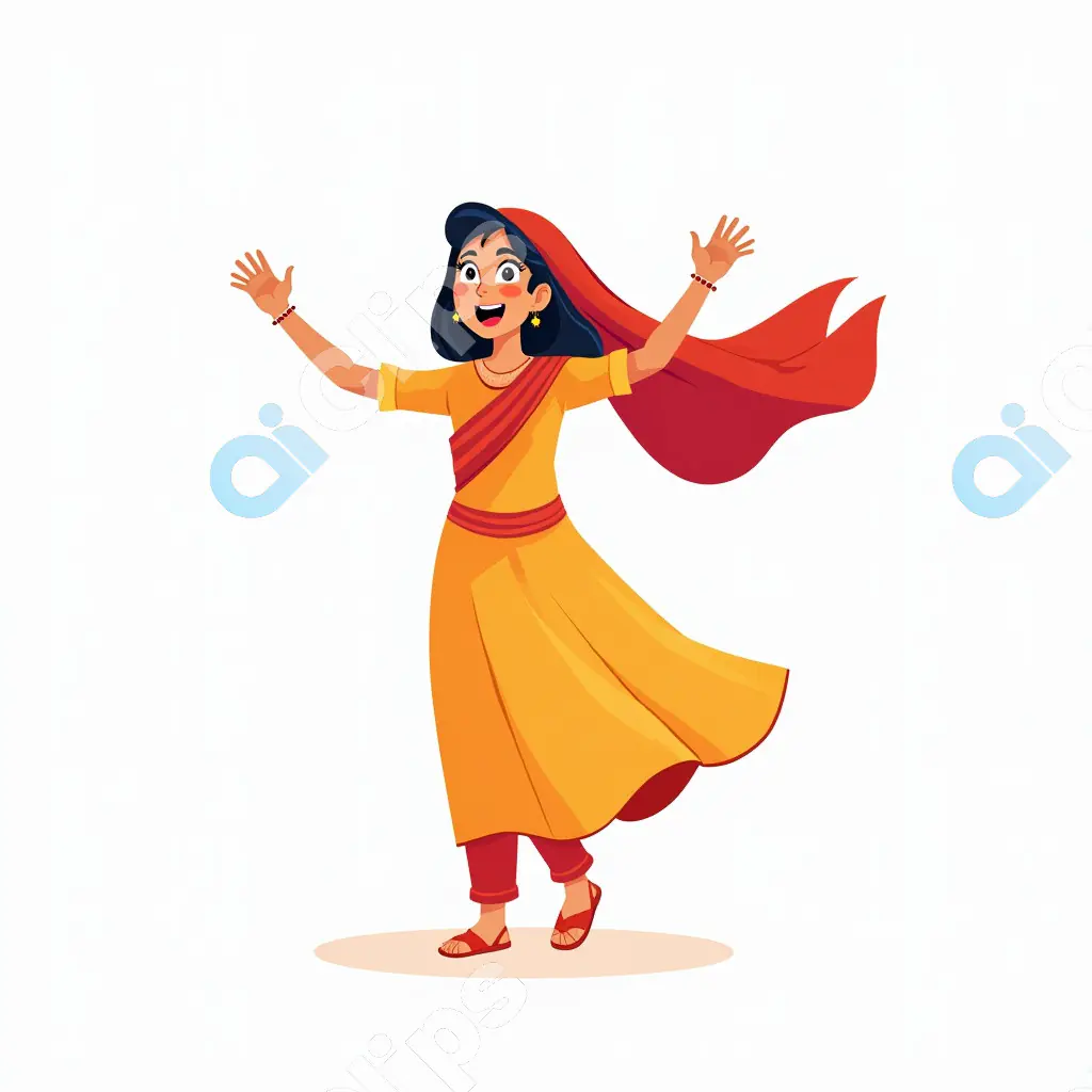 Joyful Indian Girl in Traditional Attire Vector Illustration