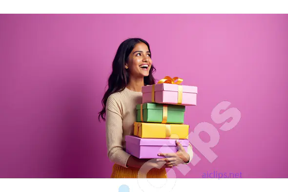 Smiling Woman with Gift Boxes Against Pink Background