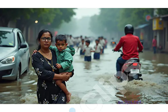 Mother and Child Navigating Flooded Streets