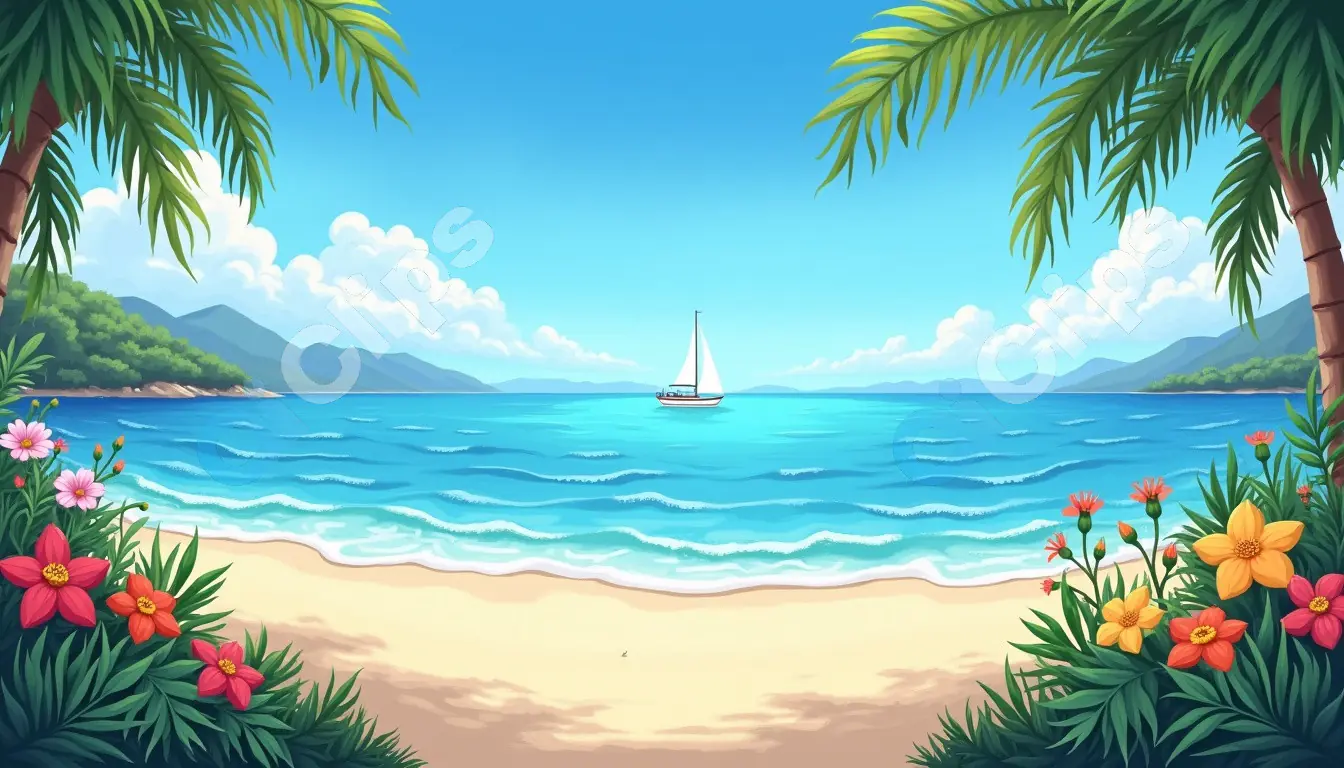 Tropical Beach with Sailboat and Palm Trees