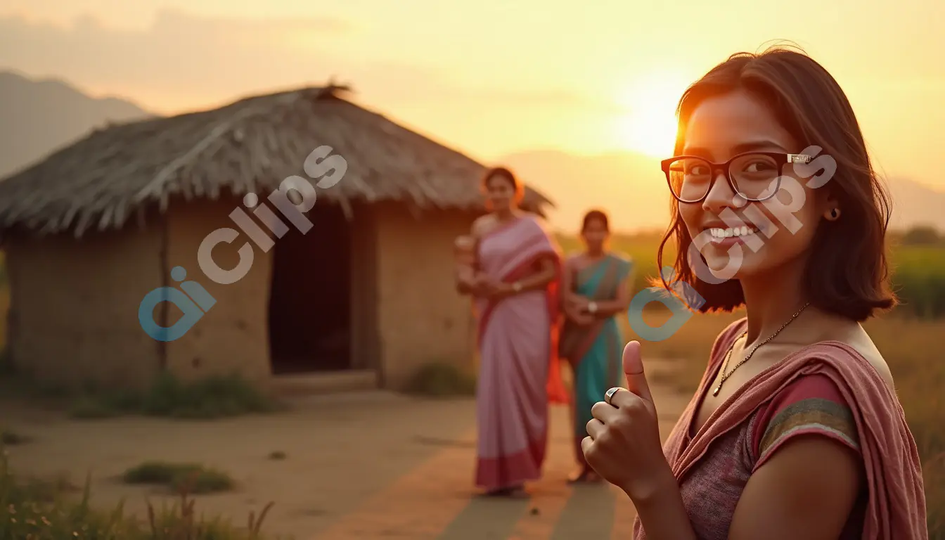 Young Indian Woman in Rural Village at Sunset