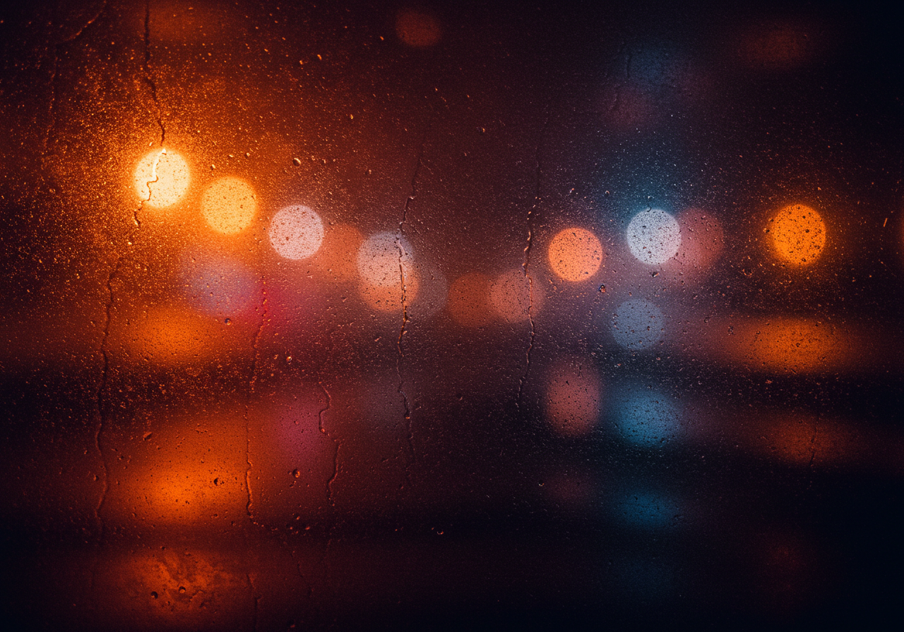Urban Night Lights Through Rainy Window