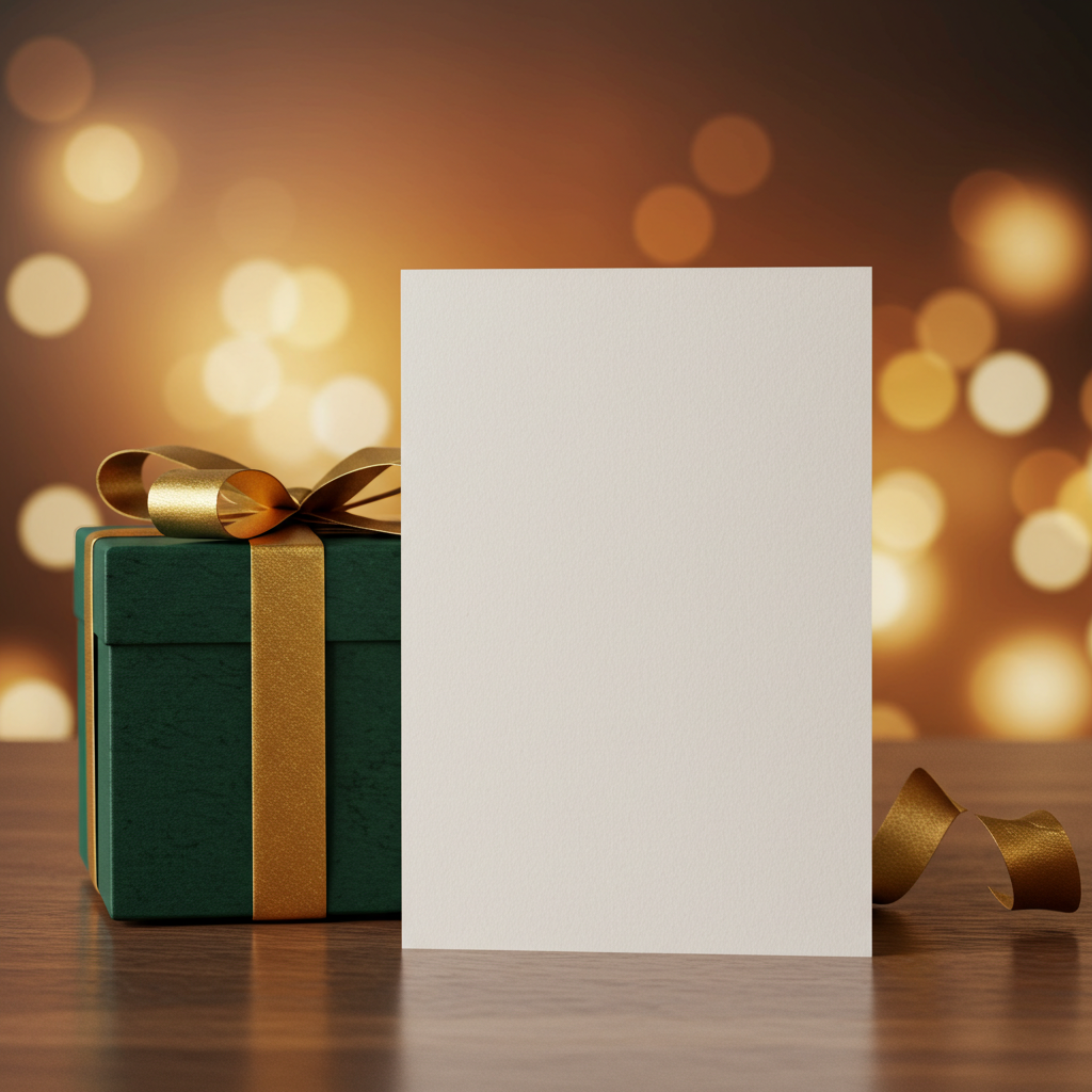Gift Box with Gold Ribbon and Blank Card on Festive Background