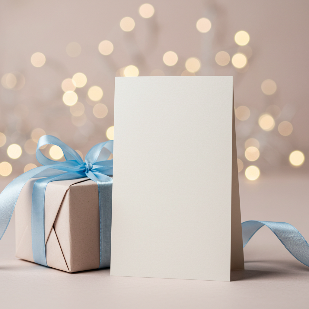 Gift Box with Blue Ribbon and Blank Card in Festive Setting