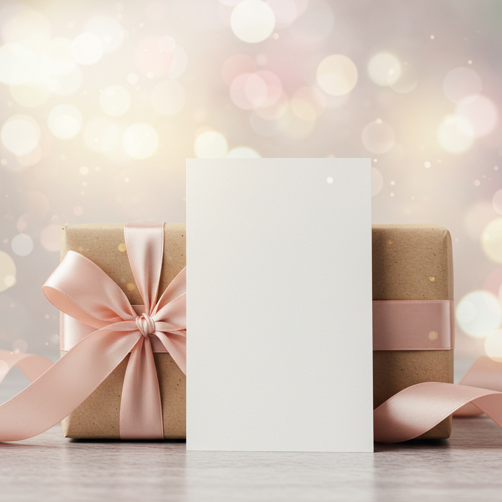 Gift Box with Pink Ribbon and Blank Card on Glittery Background