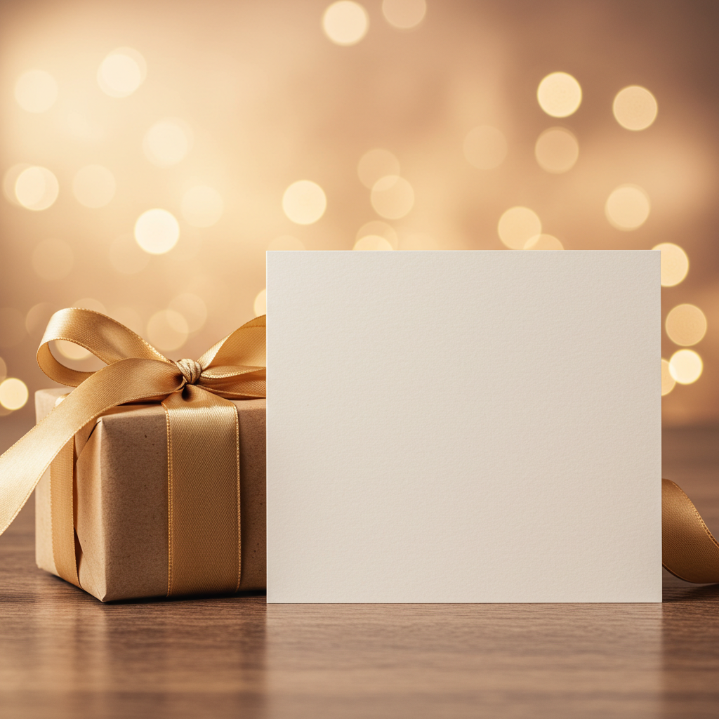 Gift Box with Blank Card and Golden Ribbon on Bokeh Background