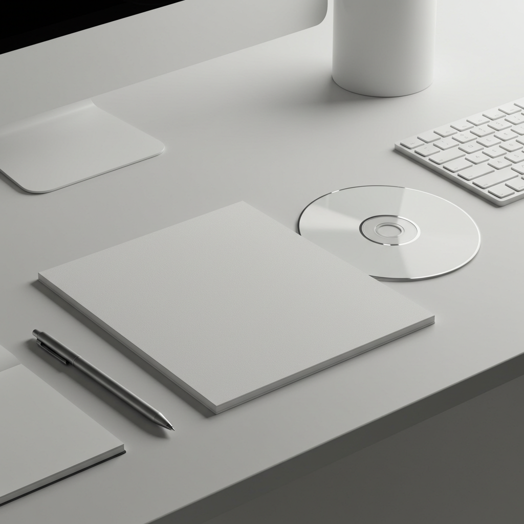 Minimalist Office Workspace with Notebook and CD