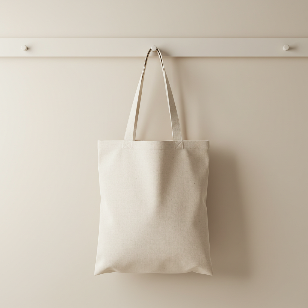 Beige Canvas Tote Bag Hanging on Wall Peg