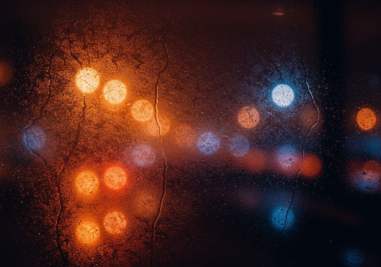 Rainy Night City Lights Through Foggy Window