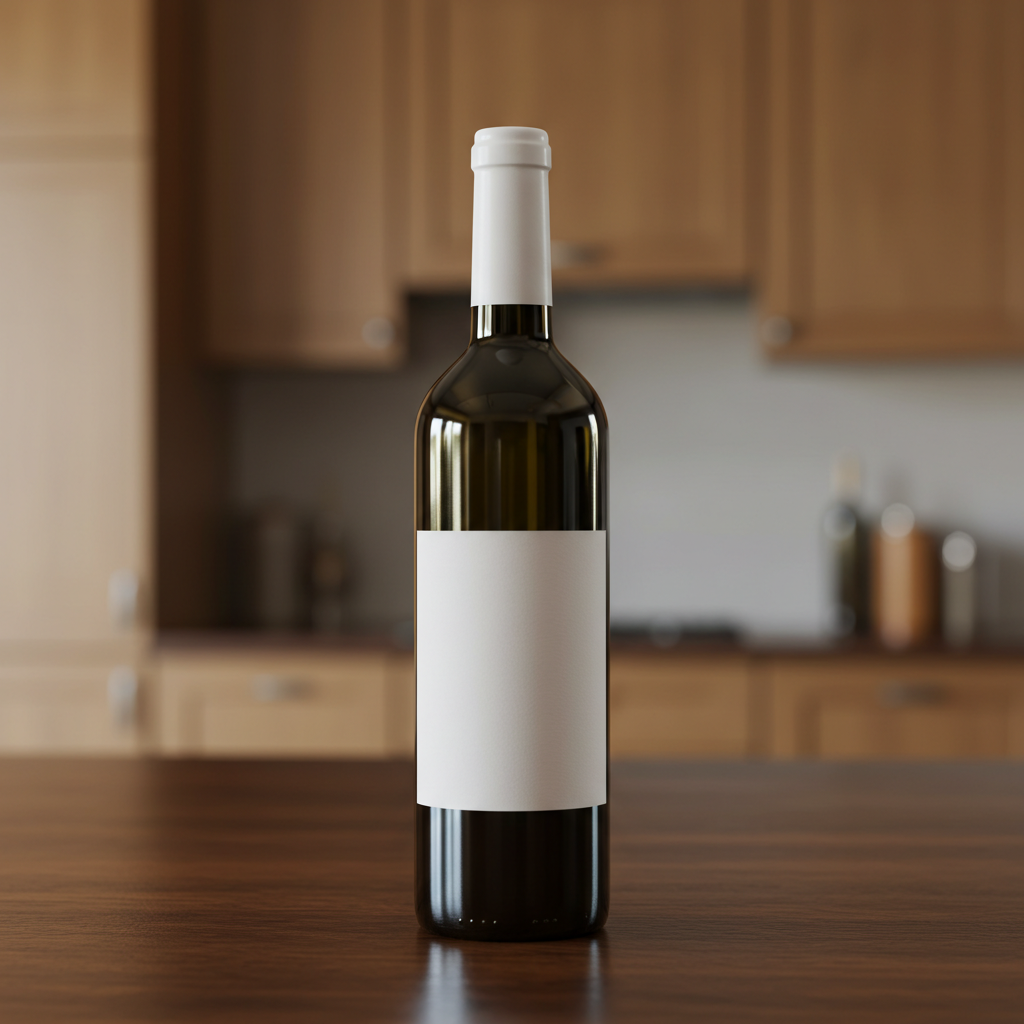 Bottle of Wine with Blank Label on Kitchen Table
