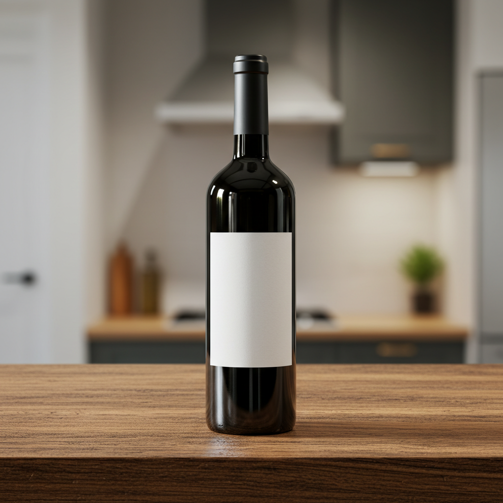 Wine Bottle on Wooden Kitchen Countertop