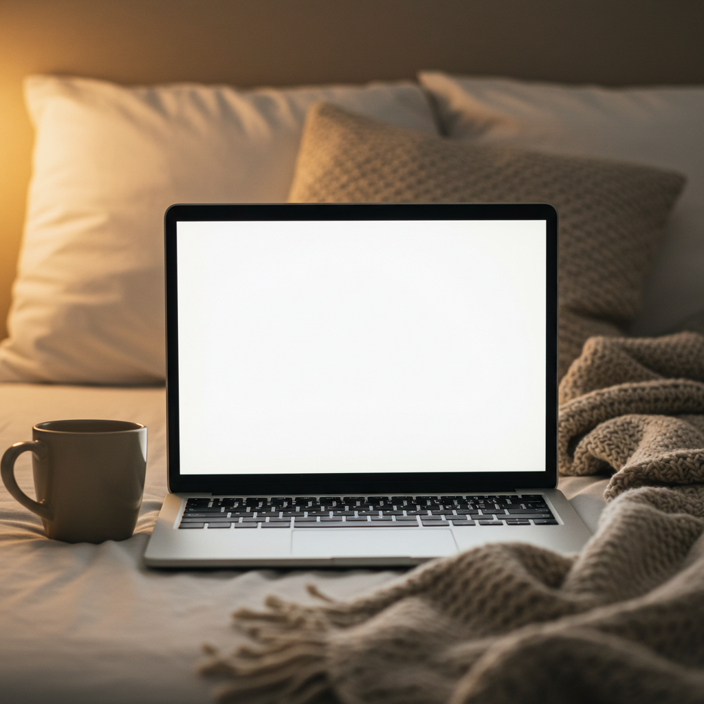 Cozy Evening: Laptop with Blank Screen and Coffee on Bed