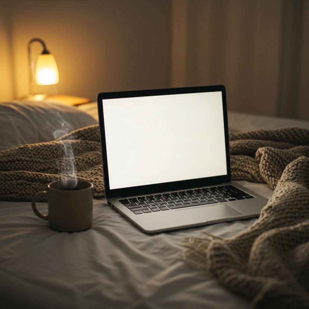 Cozy Bedroom Setup with Laptop and Warm Drink