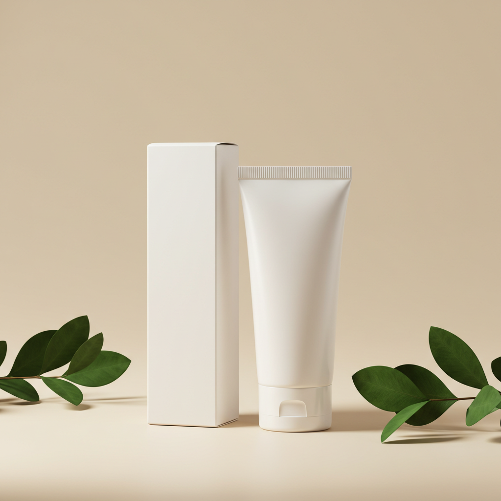 Minimalist Cosmetic Tube with Leaves on Neutral Background