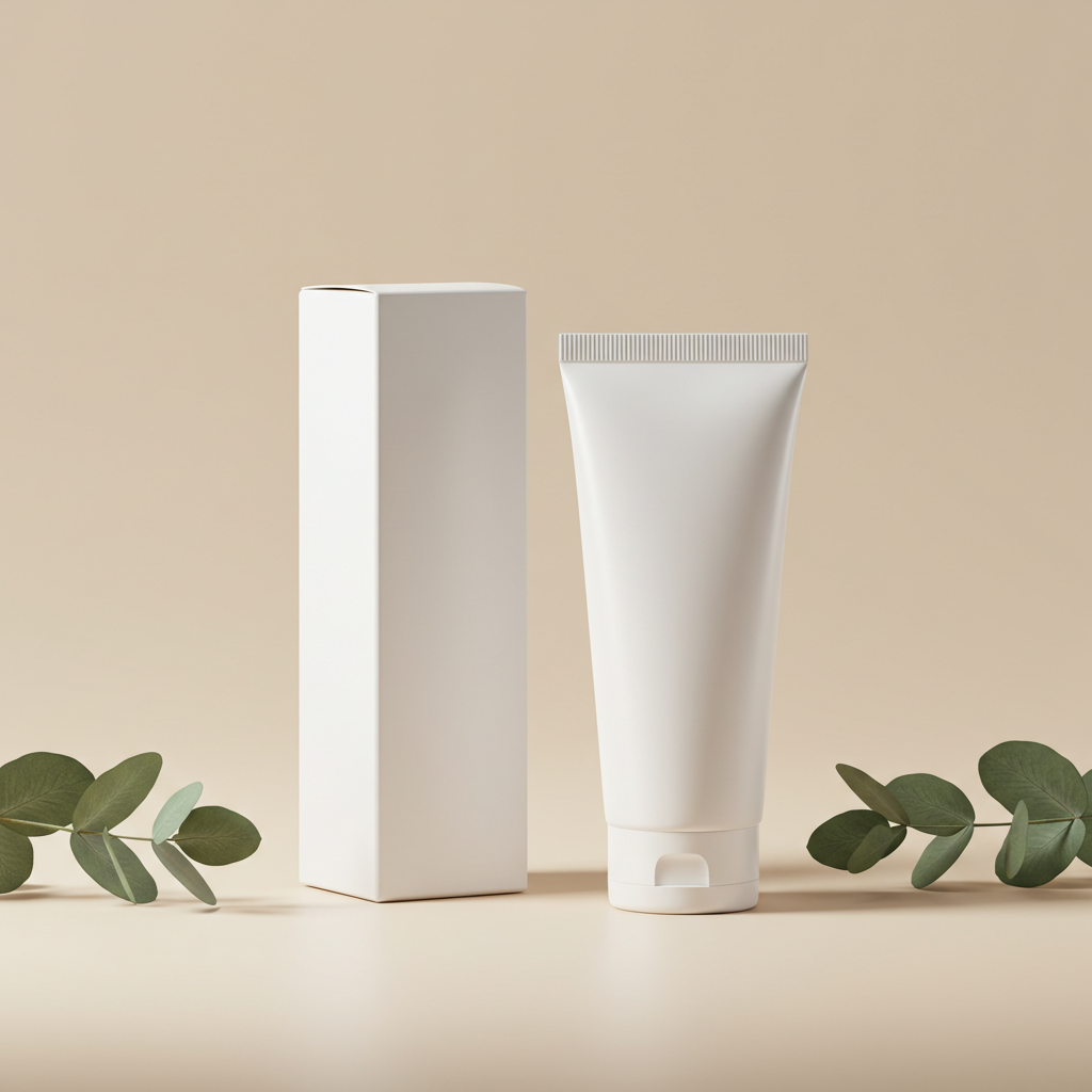 Cosmetic Tube and Box with Eucalyptus on Beige Background