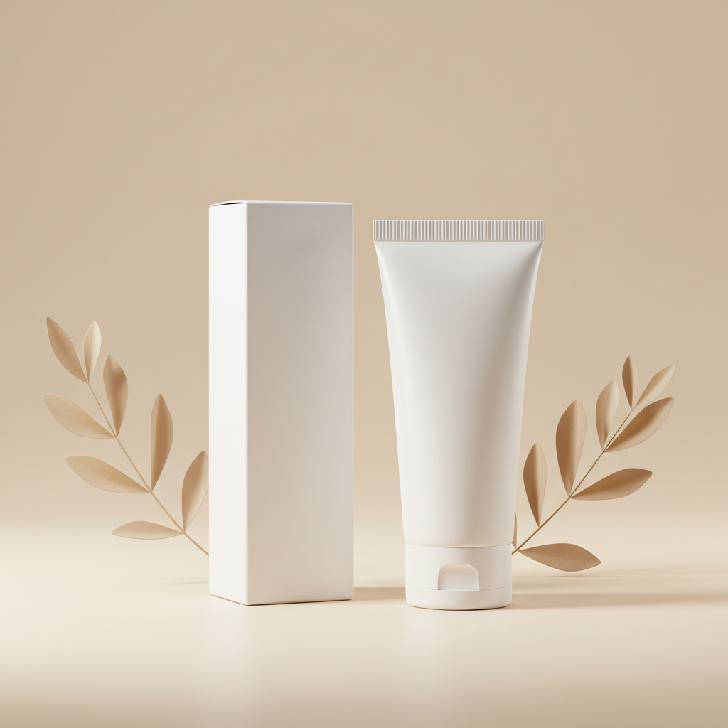 Minimalist Cosmetic Tube and Box with Leaves on Beige Background