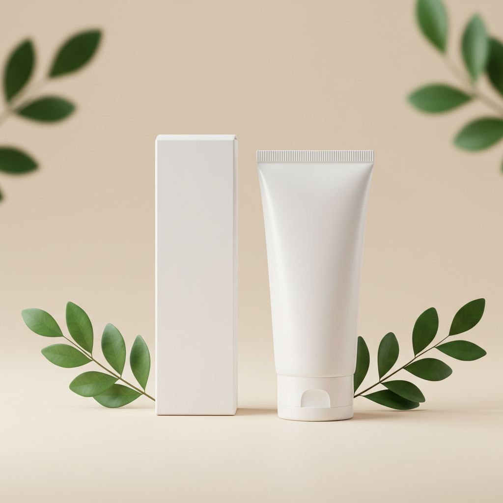 Natural Skincare Tube and Box with Green Leaves