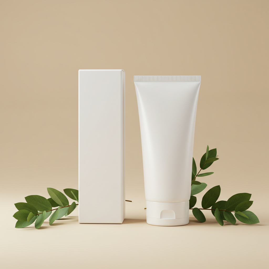 Minimalist Skincare Packaging with Greenery on Neutral Background