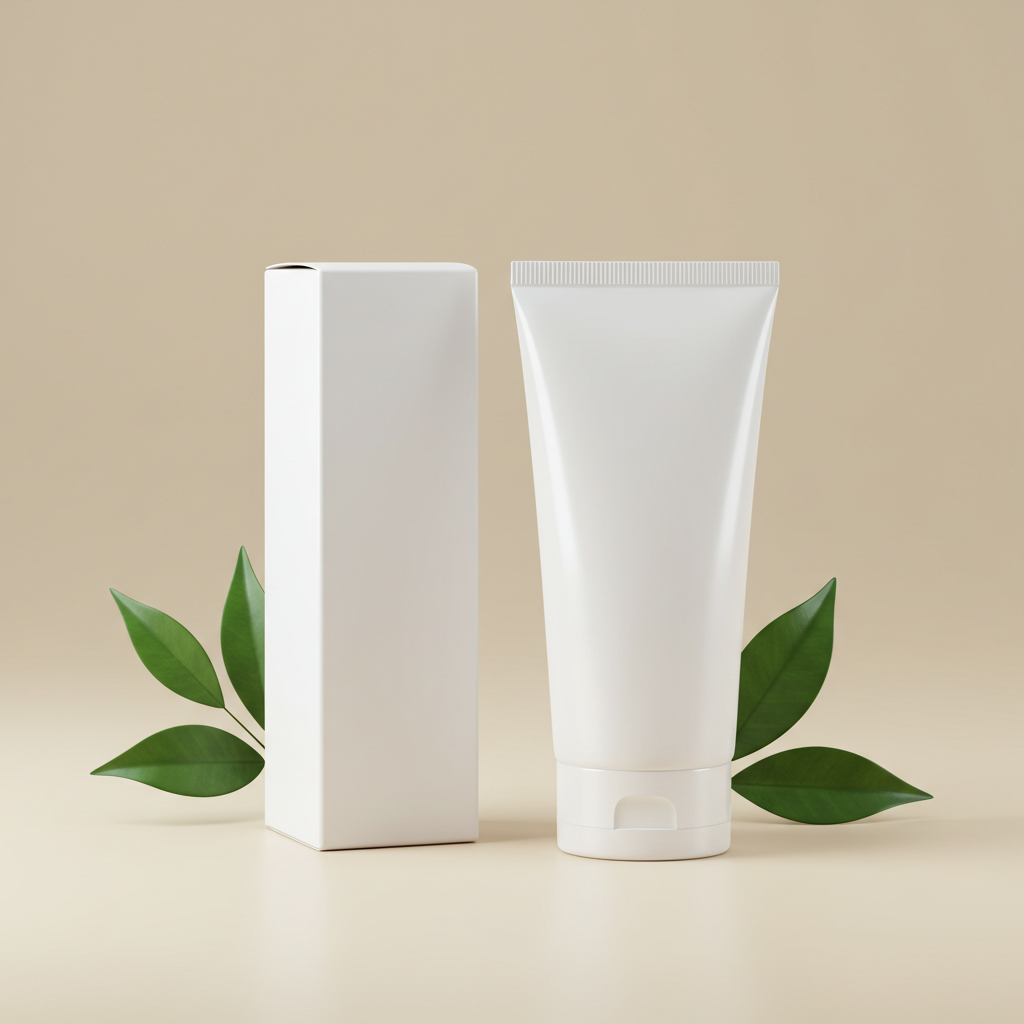 Minimalist Skincare Tube and Box with Green Leaves