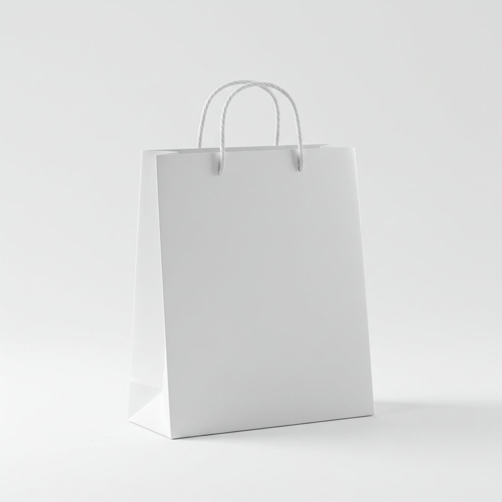 White Paper Shopping Bag with Handles on Plain Background