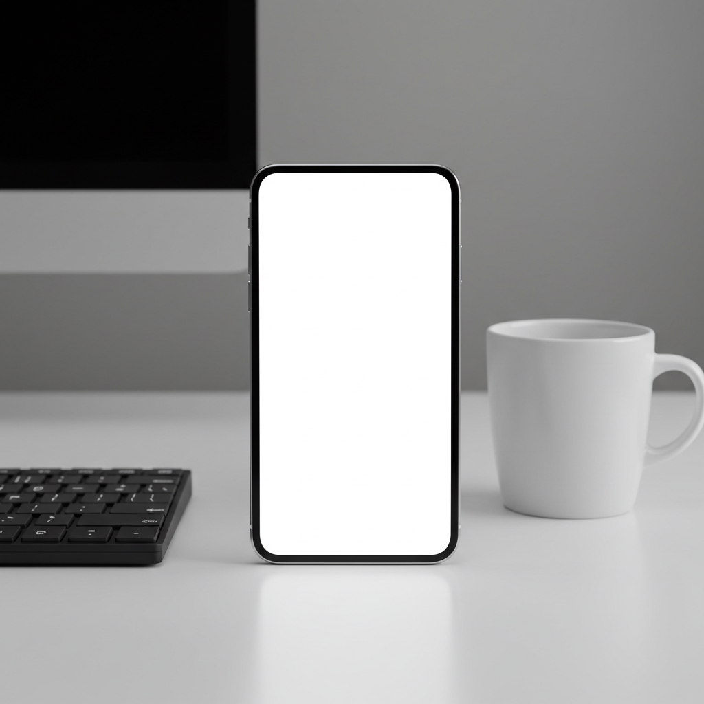 Smartphone with Blank Screen on Desk Next to Keyboard and Mug