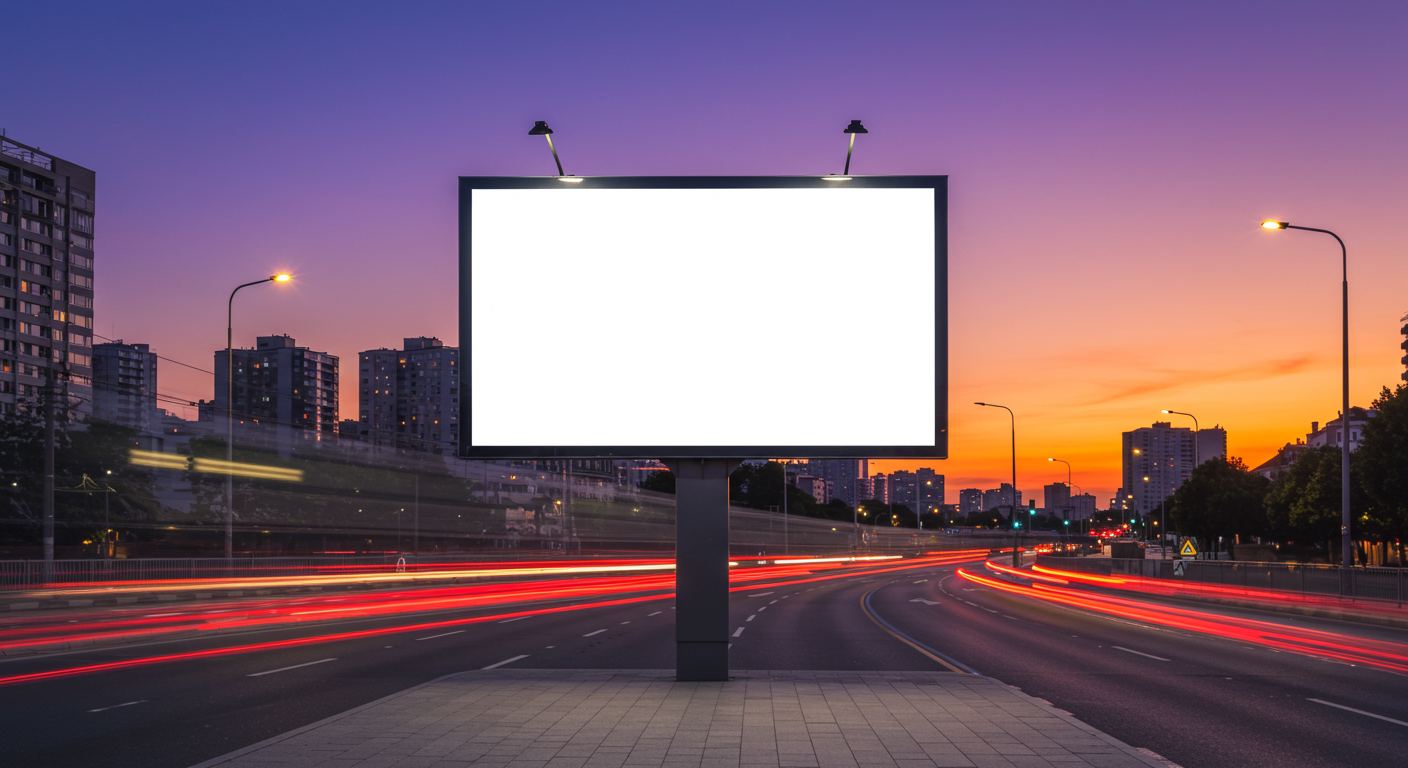 Empty Urban Billboard at Sunset with City Lights