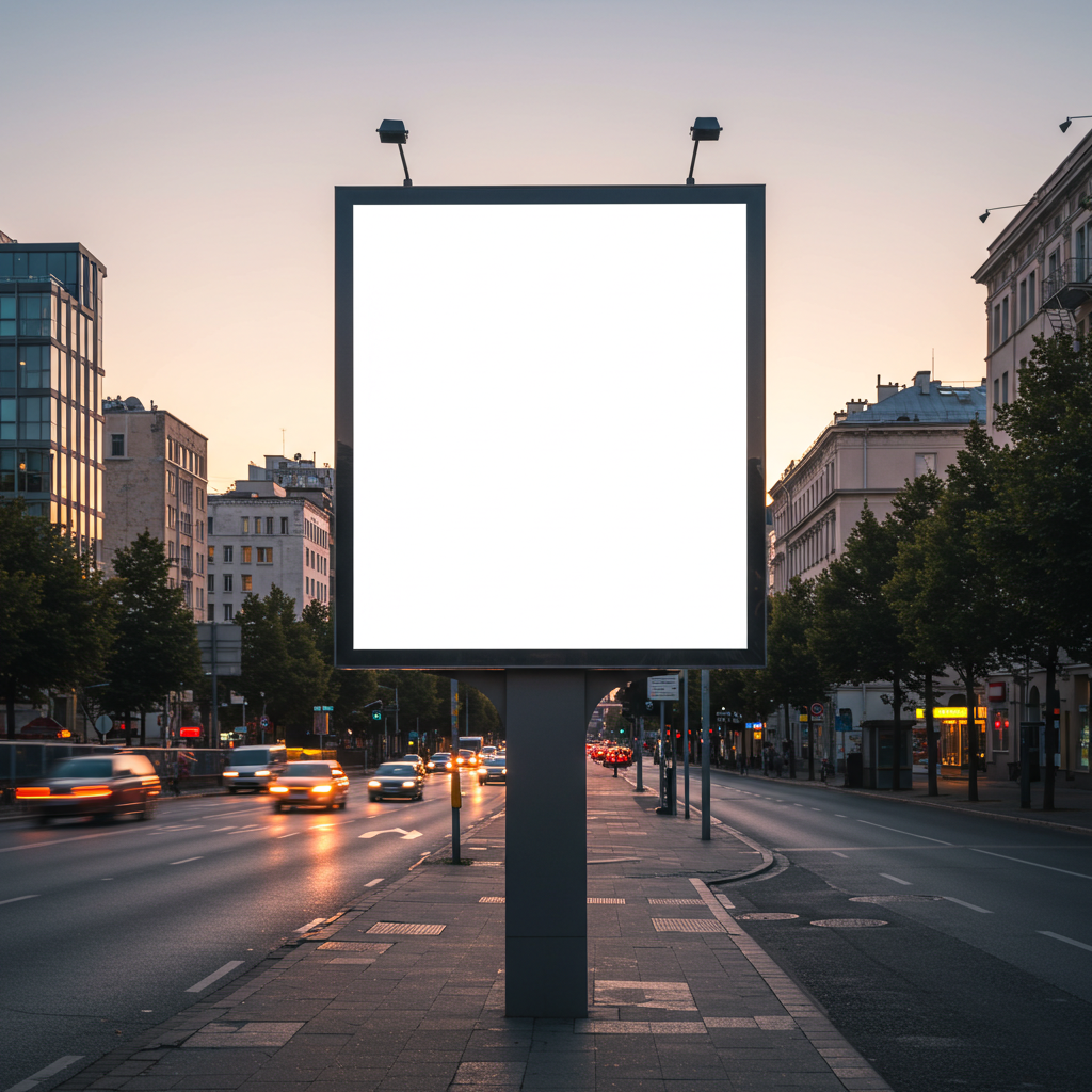 City Street with Blank Advertising Billboard at Dusk