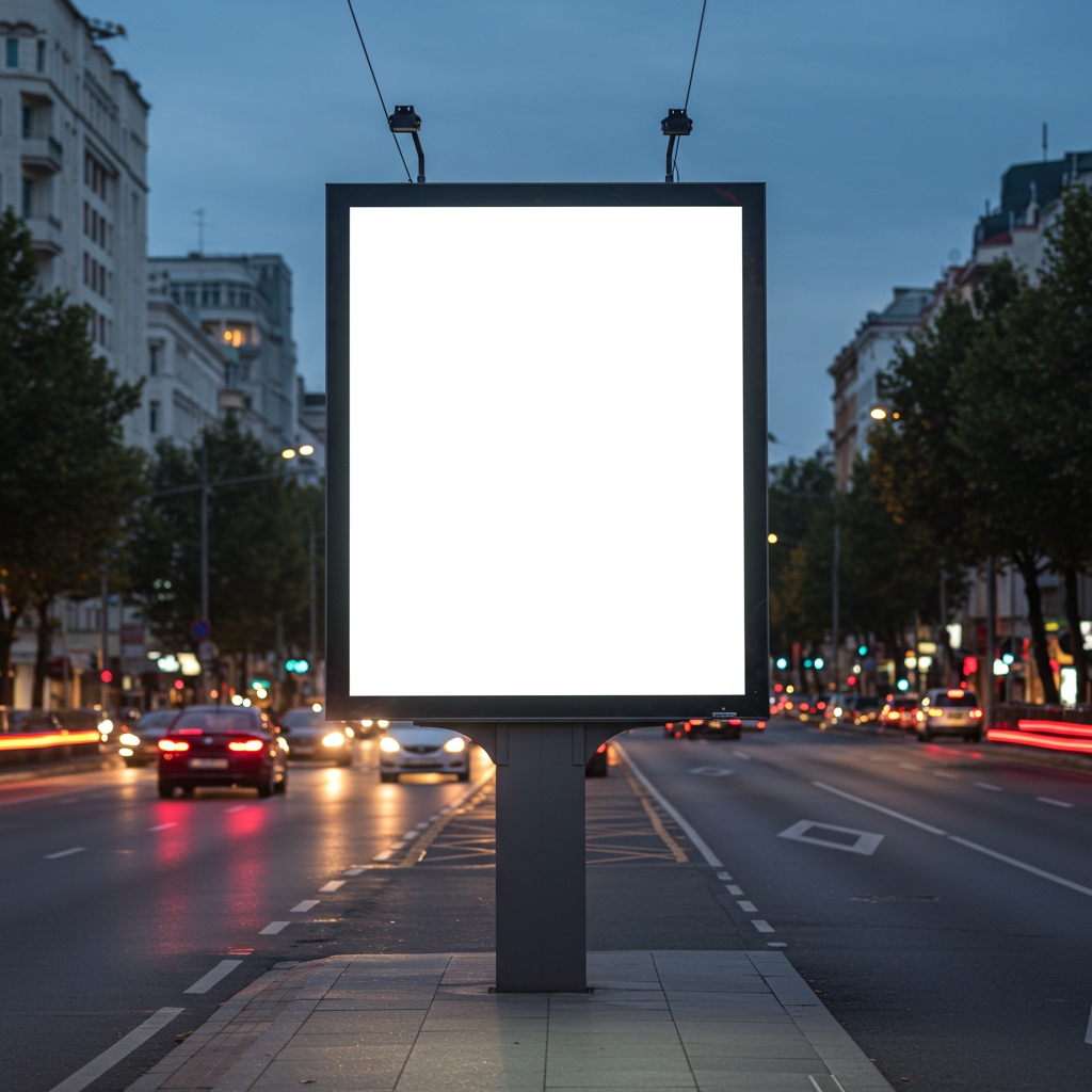 City Street with Illuminated Blank Billboard at Dusk