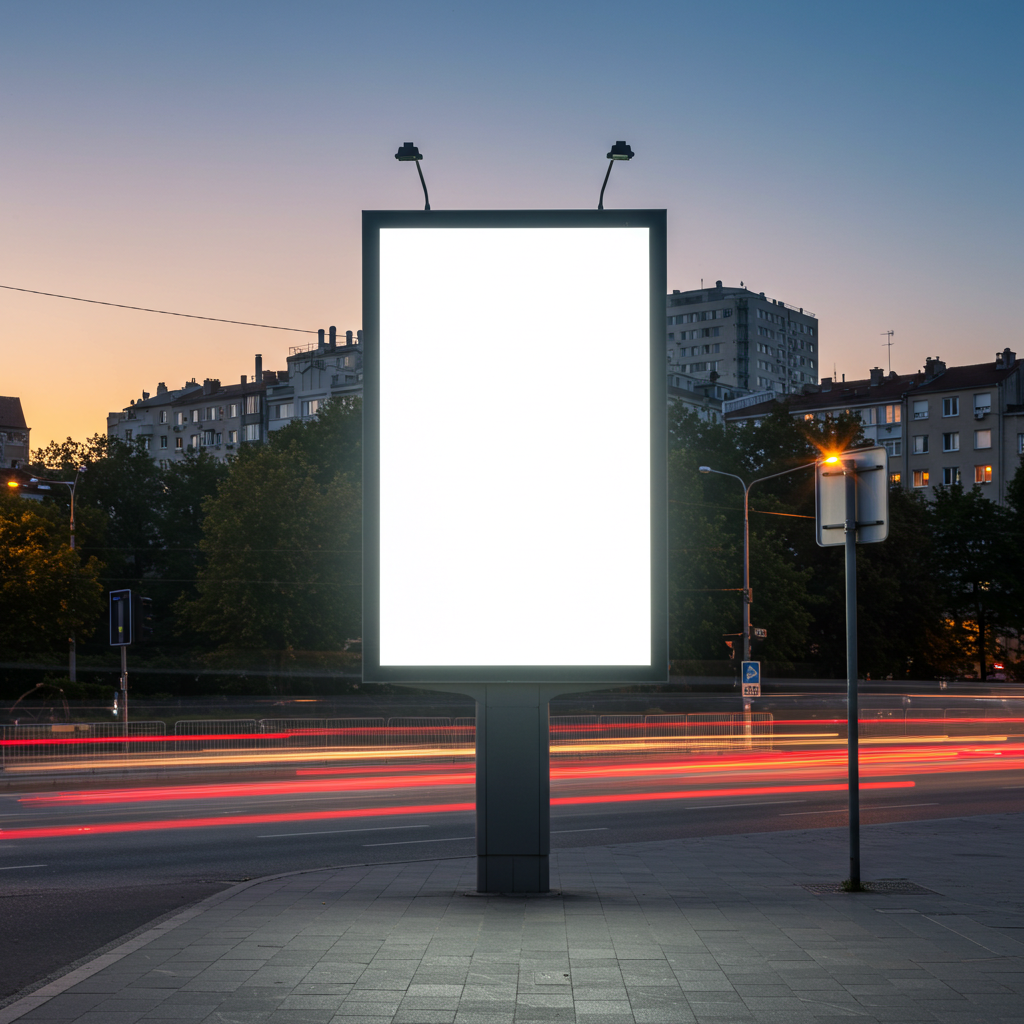 City Street at Night with Illuminated Blank Billboard