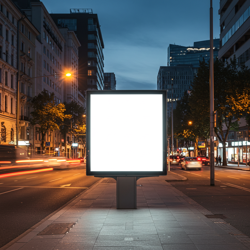 City Street at Dusk with Blank Billboard Display
