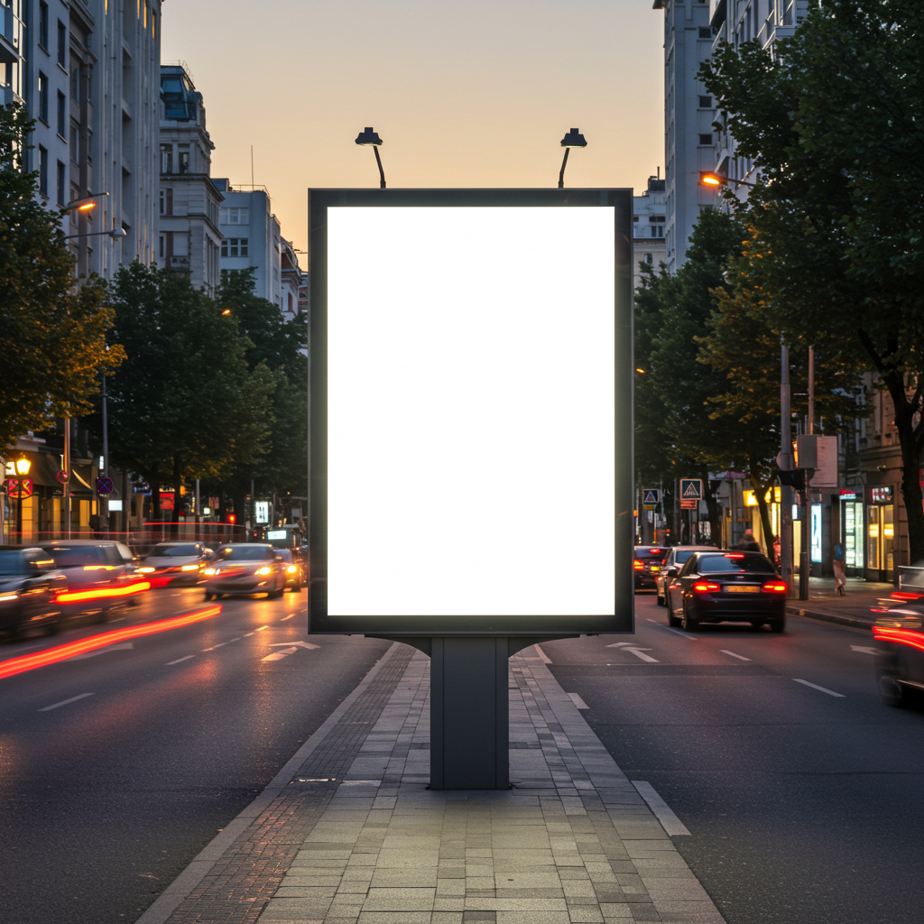 Blank Urban Billboard on Busy City Street at Dusk