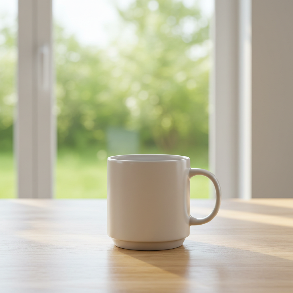 White Coffee Mug on Wooden Table by a Sunny Window