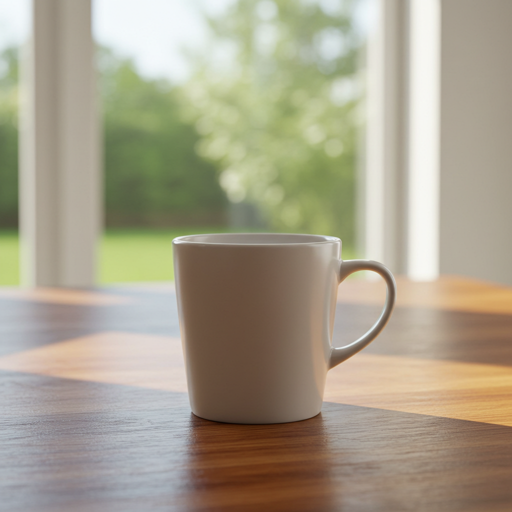 White Coffee Mug on Sunlit Wooden Table